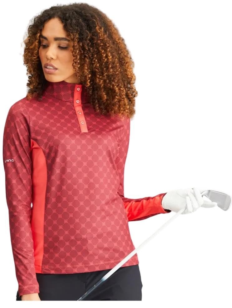 PING Lolette Printed manica lunga polo da donna, tibetan red multi/cayenne