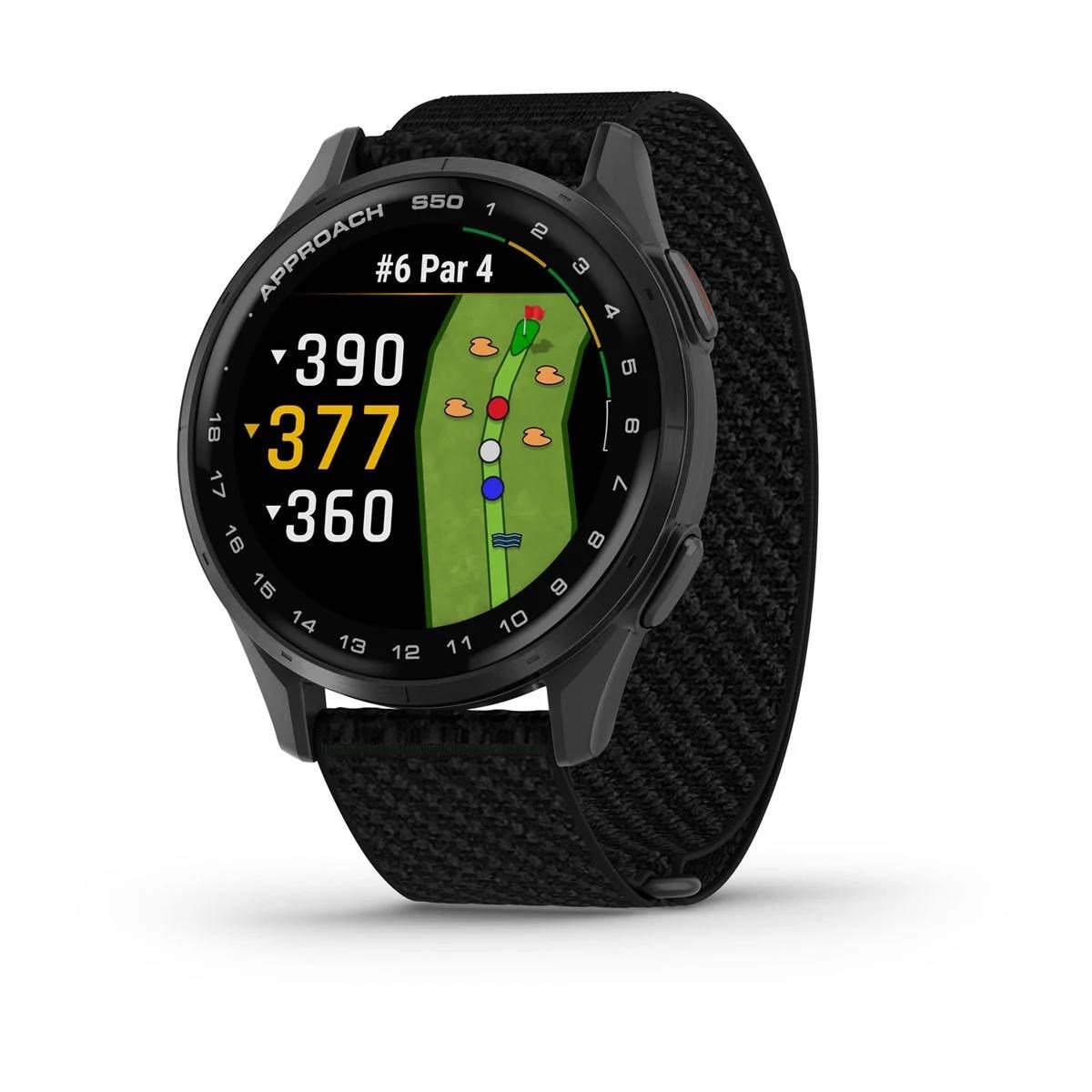 Garmin Approach S50 GPS watch, black nylon/silver aluminium