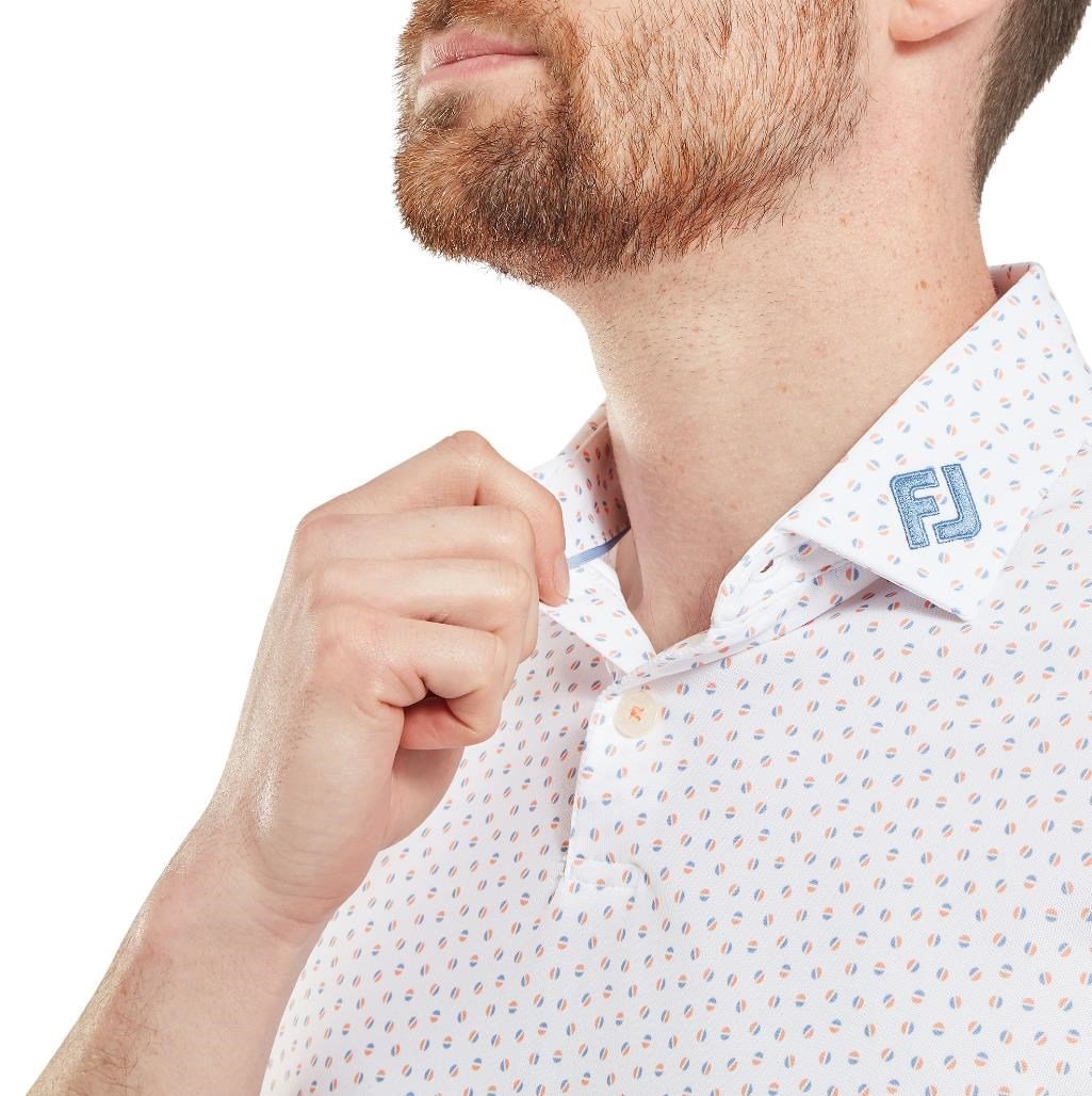 FootJoy Bounce Print Pique polo uomo, bianco/arancione/blu jay
