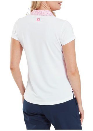FootJoy Cap Sleeve Print Trim Lisle polo da donna, bianco/pink lemonade