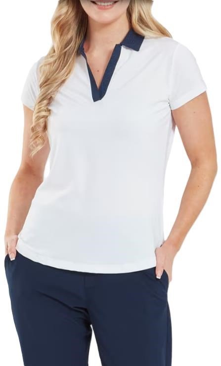 FootJoy Cap Sleeve Print Trim Lisle polo da donna, bianco/navy