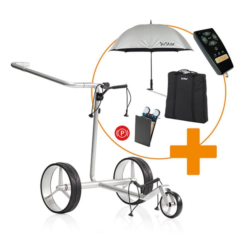 JuStar Carbon Light SET (incl. umbrella, scorecard holder, carry bag, el. parking brake) + REMOTE CONTROL carrello elettrico, titanium