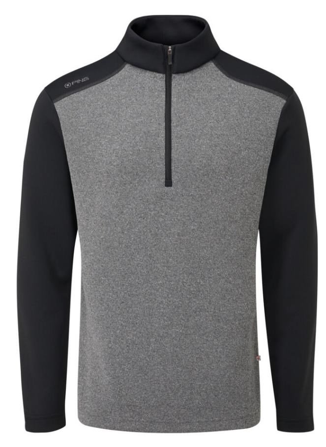 PING Ramsey half zip ribbed fleece pullover da uomo, nero melange/nero