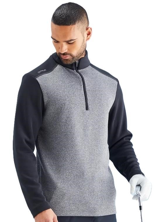 PING Ramsey half zip ribbed fleece pullover da uomo, nero melange/nero