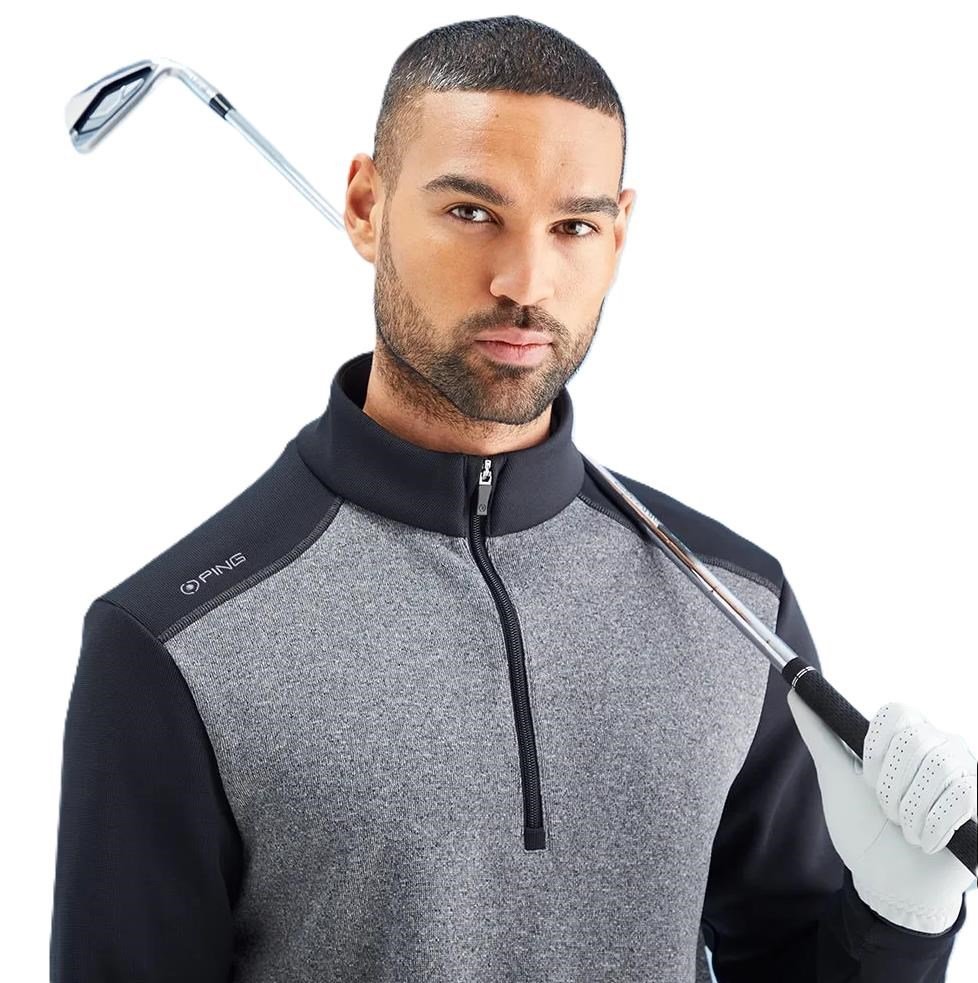 PING Ramsey half zip ribbed fleece pullover da uomo, nero melange/nero