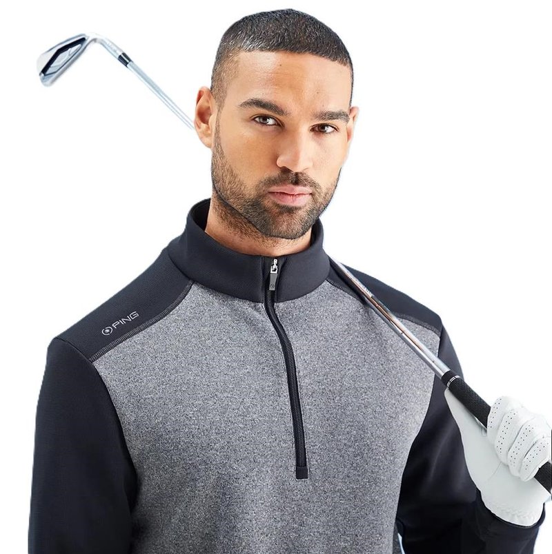 PING Ramsey half zip ribbed fleece pullover da uomo, nero melange/nero