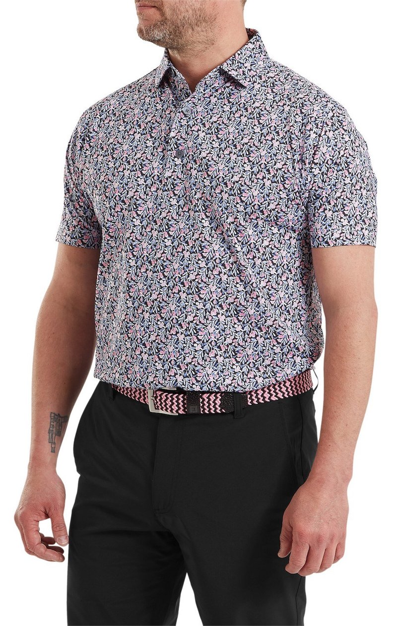 FootJoy Meadow Print Lisle polo da uomo, nero/vivid violet/pink pop