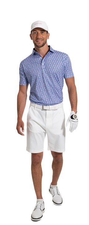 FootJoy Surfs Up Print Lisle polo da uomo, bianco/vivid violet/pink pop/nero