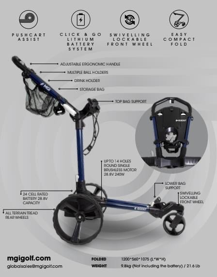 MGI E-Boost hybrid golf trolley 2026 carrello elettrico, blu opaco