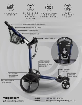 MGI E-Boost hybrid golf trolley 2026 carrello elettrico, blu opaco