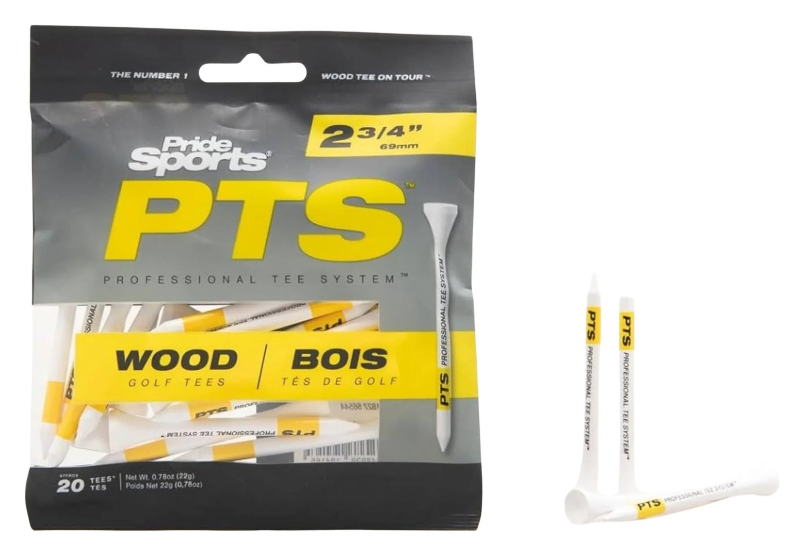 Pride Professional Tee System Prolength Yellow wood tees 69mm (2 3/4"), 20 tees
