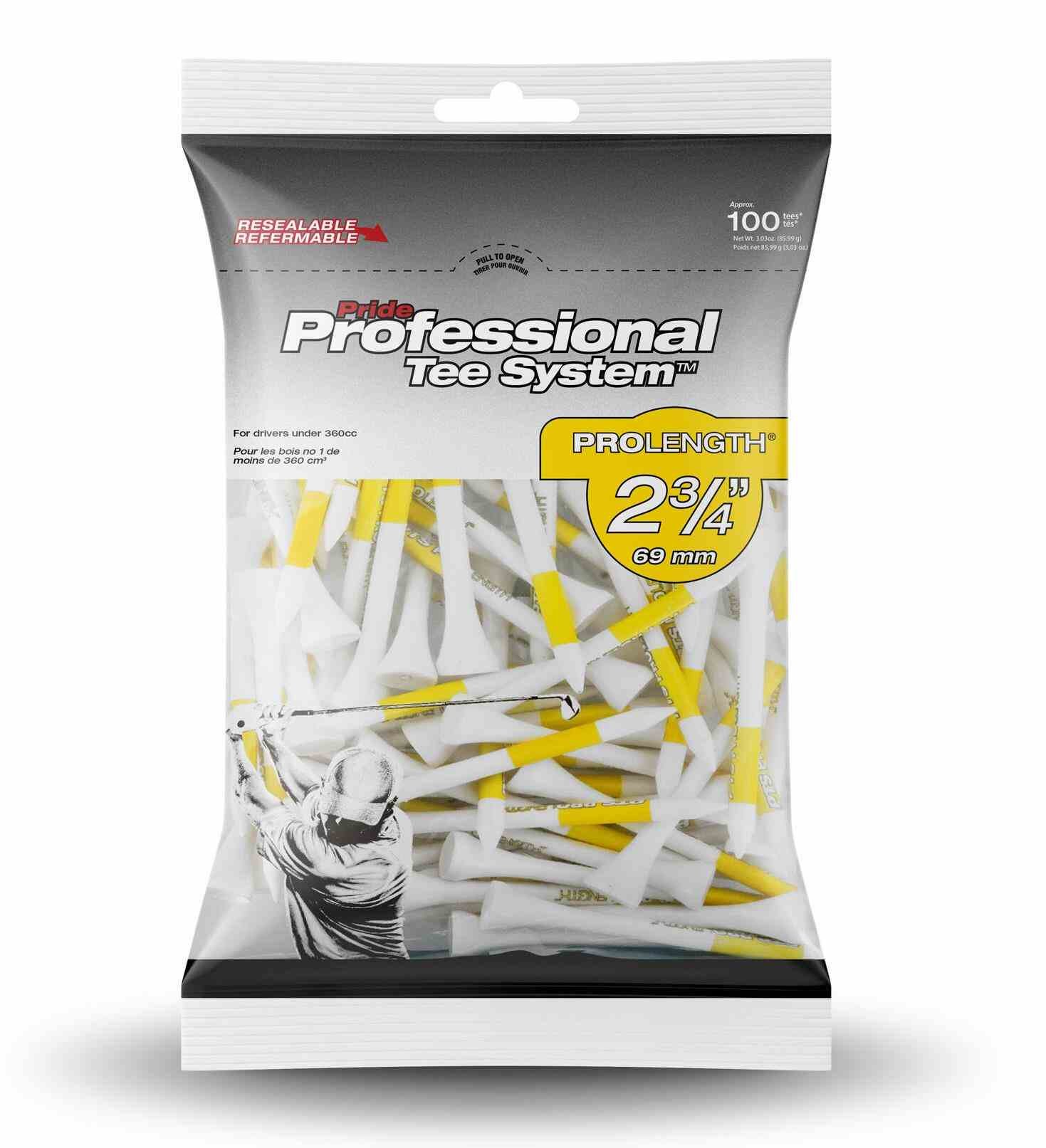 Pride Professional Tee System Prolength Yellow tee in legno 69mm (2 3/4"), 100 pezzi