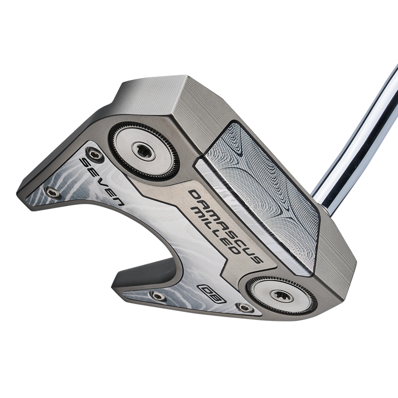 Finitura argento sabbiato su putter Damascus Milled — vista suola e inserto