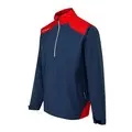 Vista dettagliata del color-blocking blu oxford e rosso classico sulla giacca Ping AquaDrive