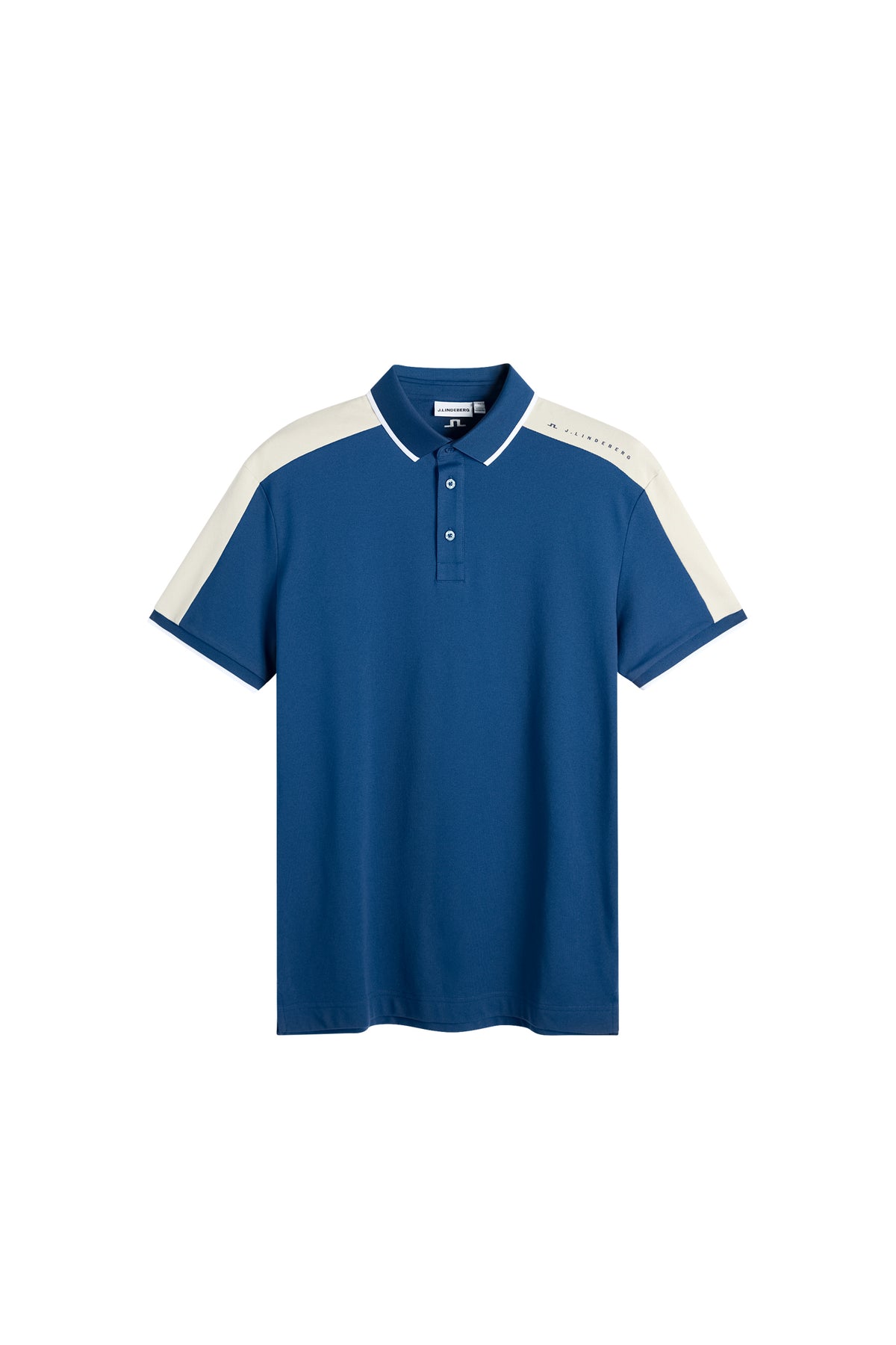 Polo J.Lindeberg Jace Estate Blue – vista frontale che mostra il tessuto traspirante e i pannelli a contrasto sulle spalle