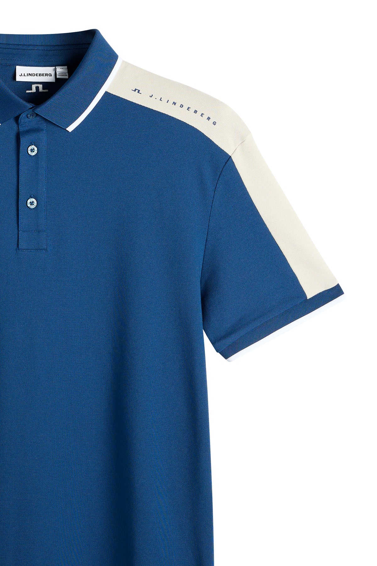 Polo J.Lindeberg Jace Estate Blue – vista posteriore che mostra il logo Bridge e i pannelli cuciti sulle spalle