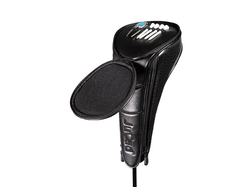 Set copritesta per driver JuCad aperto che mostra lo scomparto con cerniera con tee e alzapalle