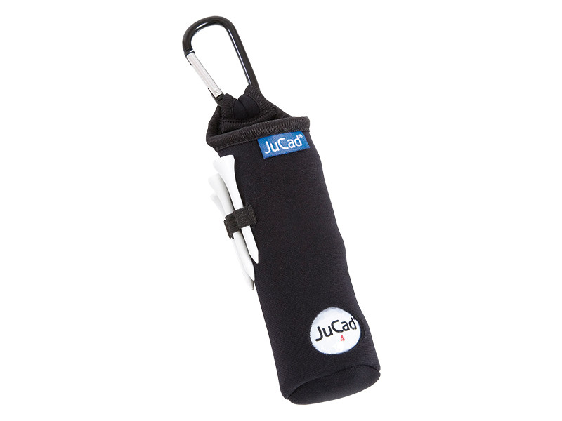 Portapalle e portatee JuCad in neoprene agganciato a una sacca da golf