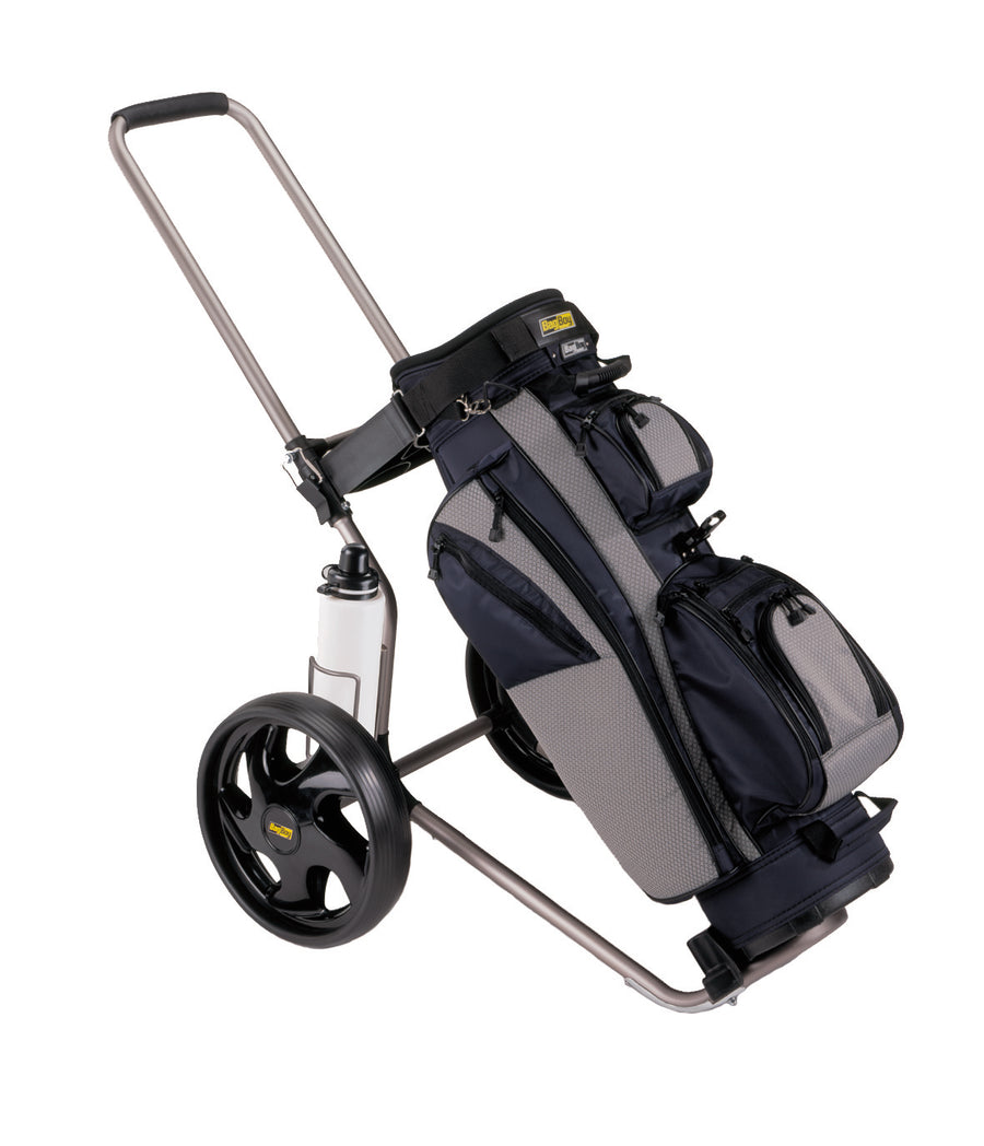 Bag Boy Rental Dual Tube con sacca montata, dettaglio del telaio pieghevole