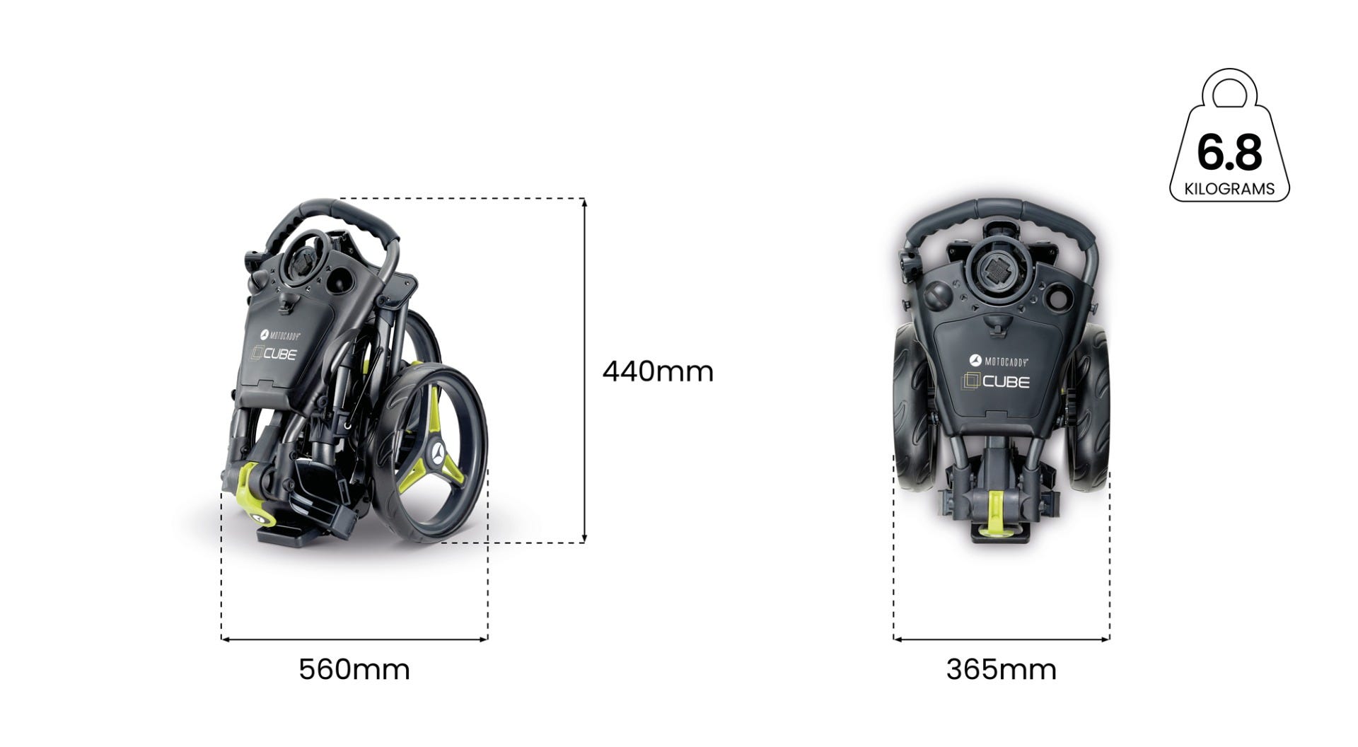Diagramma delle specifiche, delle ruote e delle dimensioni di Motocaddy CUBE