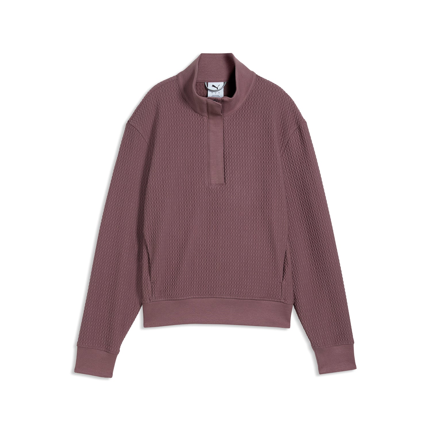 Felpa da donna Puma Boulder 1/4 Zip in Rich Cocoa – vista frontale che mostra la trama del tessuto a nido d'ape e il colletto a listino