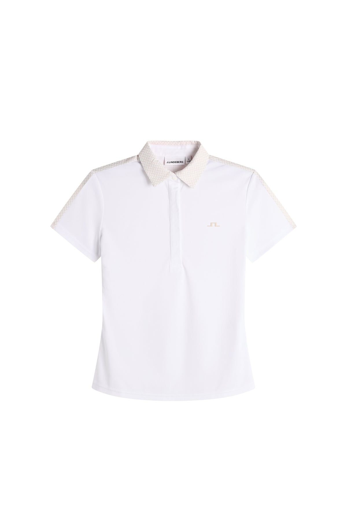 J.Lindeberg Cara Polo Print White – vista frontale che mostra il tessuto bianco pulito e la vestibilità regolare