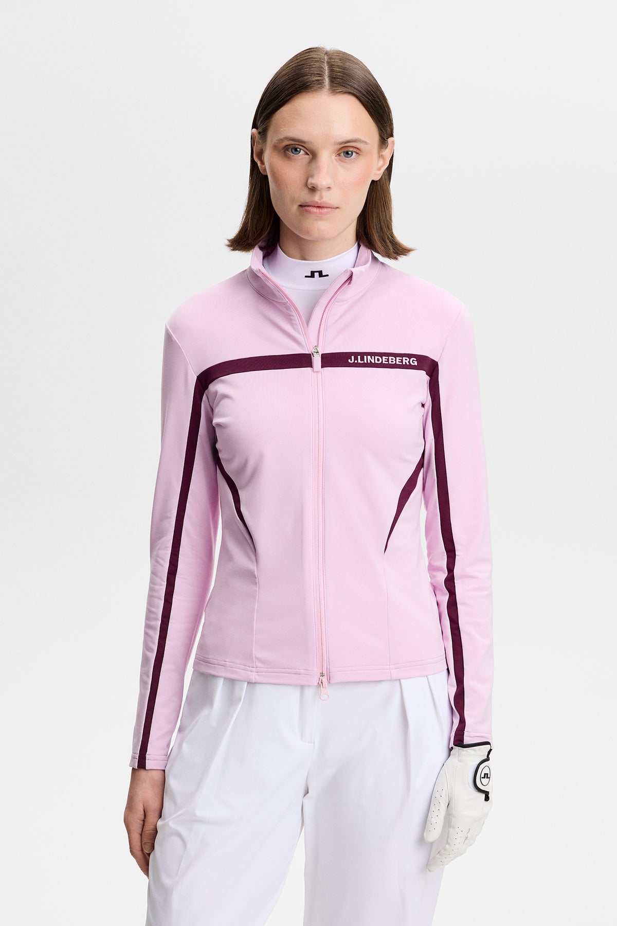 J.Lindeberg Janice Mid Layer Orchid Bouquet – vista frontale che mostra il tessuto Light Mid e la cerniera a due vie