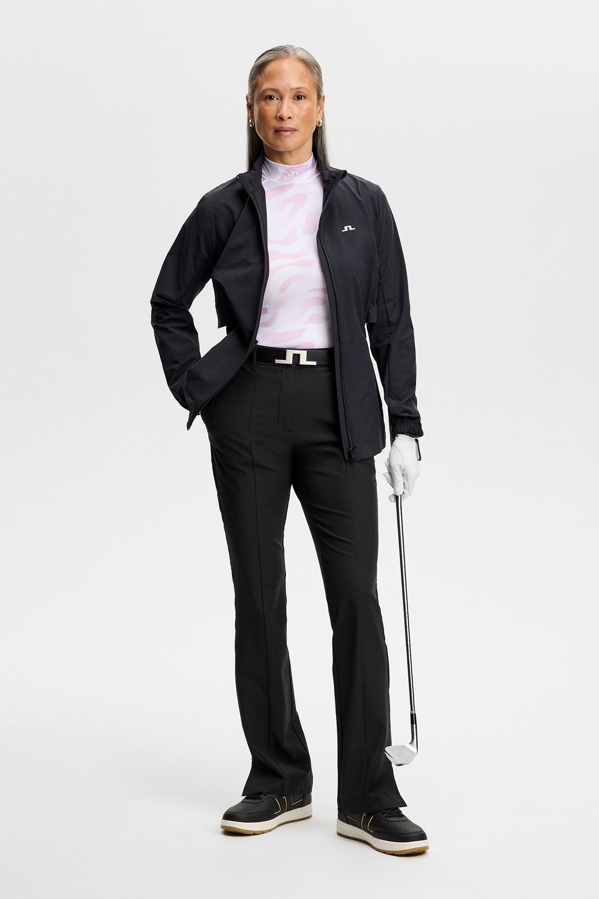 J.Lindeberg Ella Print Compression Top – dettaglio stampa all-over Bunker Fade White Orchid