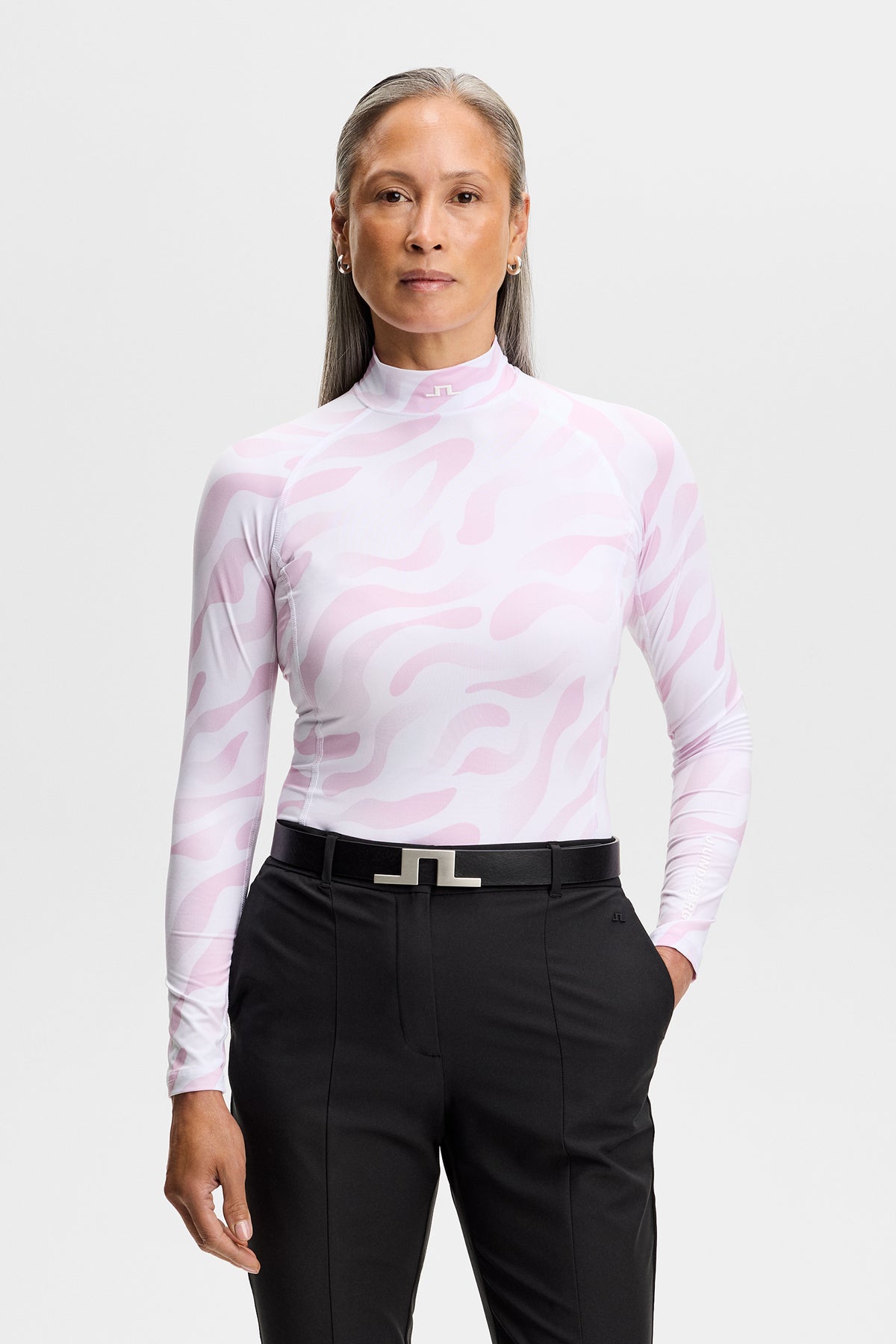 J.Lindeberg Ella Print Compression Top Bunker Fade White Orchid – vista frontale sul modello