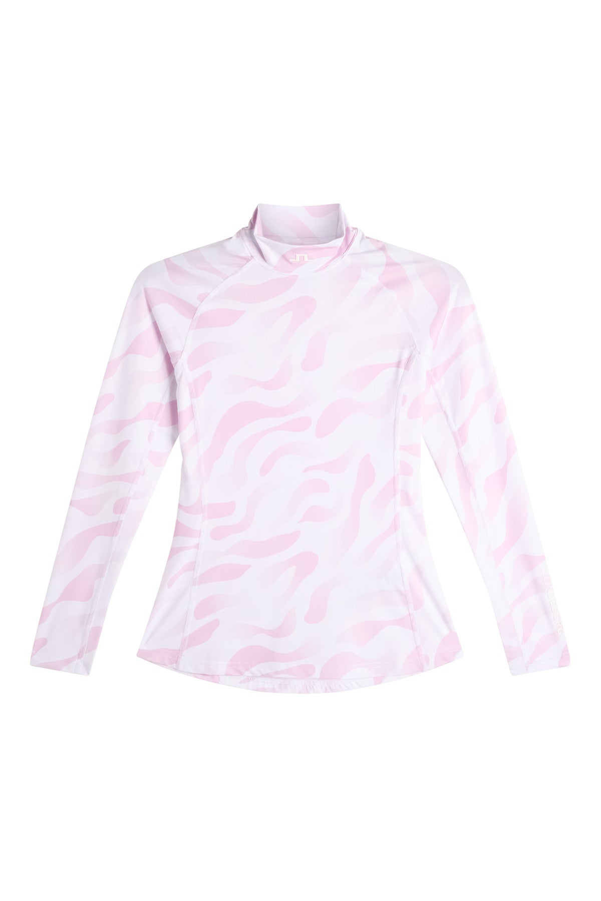 J.Lindeberg Ella Print Compression Top – dettaglio lifestyle che mostra la stampa e il collo alto