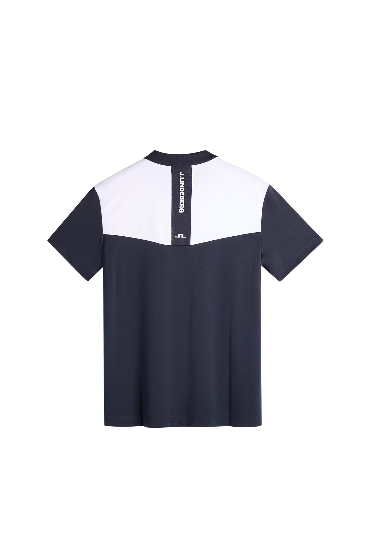 J.Lindeberg Calex Polo JL Navy – vista posteriore che mostra il pannello inserto in mesh con stampa J.Lindeberg tono su tono